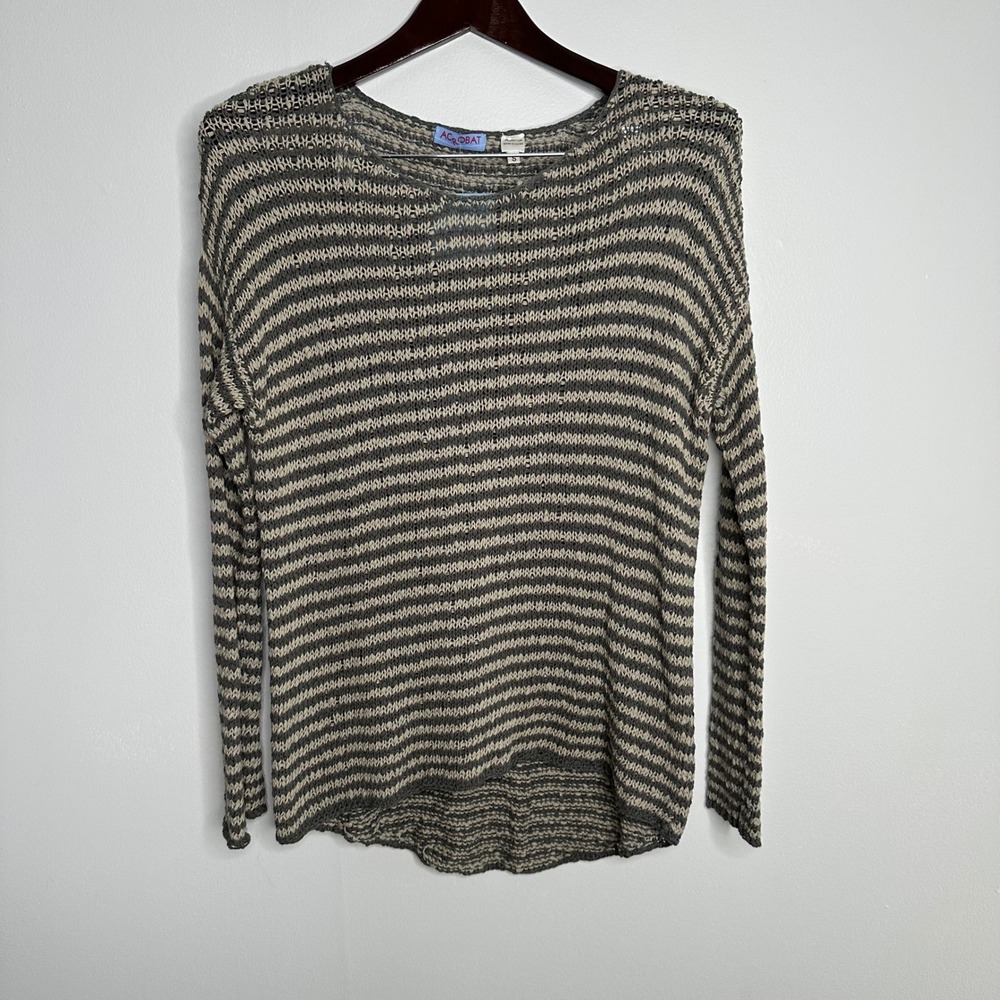 Acrobat Striped Open Knit Cotton Sweater Women's Small Grey‎ Beige NWT